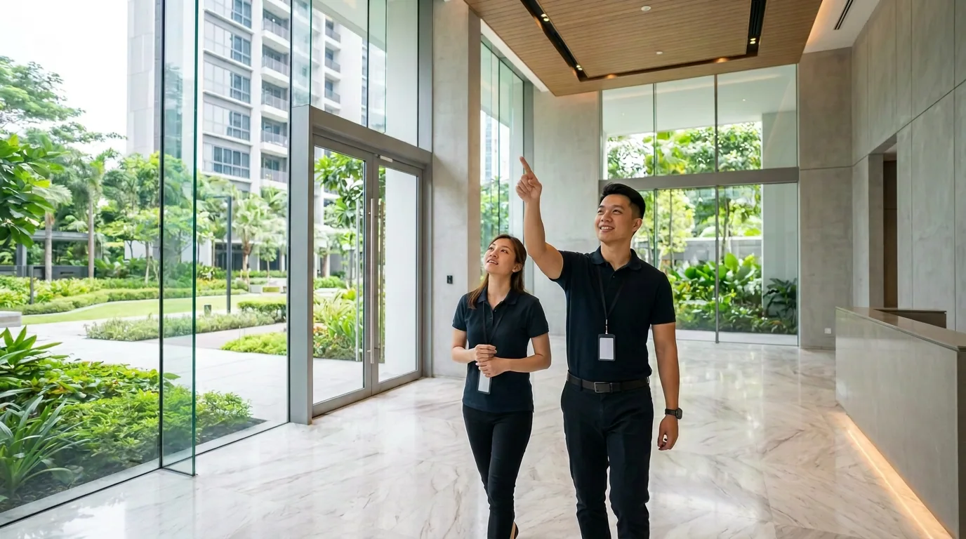 Managing agent staff walking through the lobby of a newly completed condominium