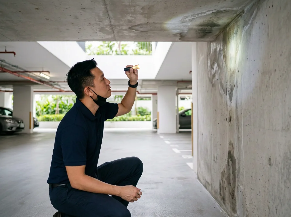Inspector using a torch to examine water staining on a car park wall in a new condominium