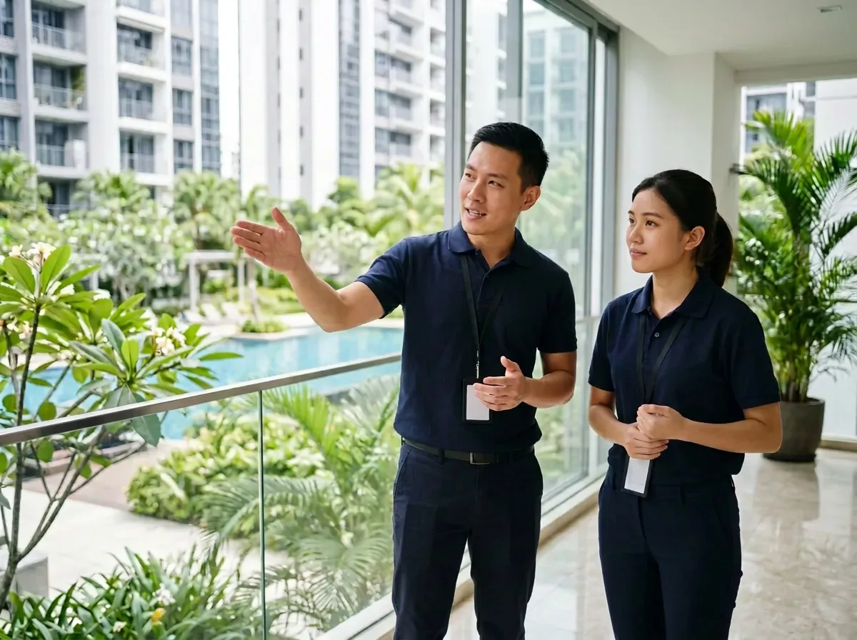 Managing agent staff reviewing common property beside the pool of a new condominium