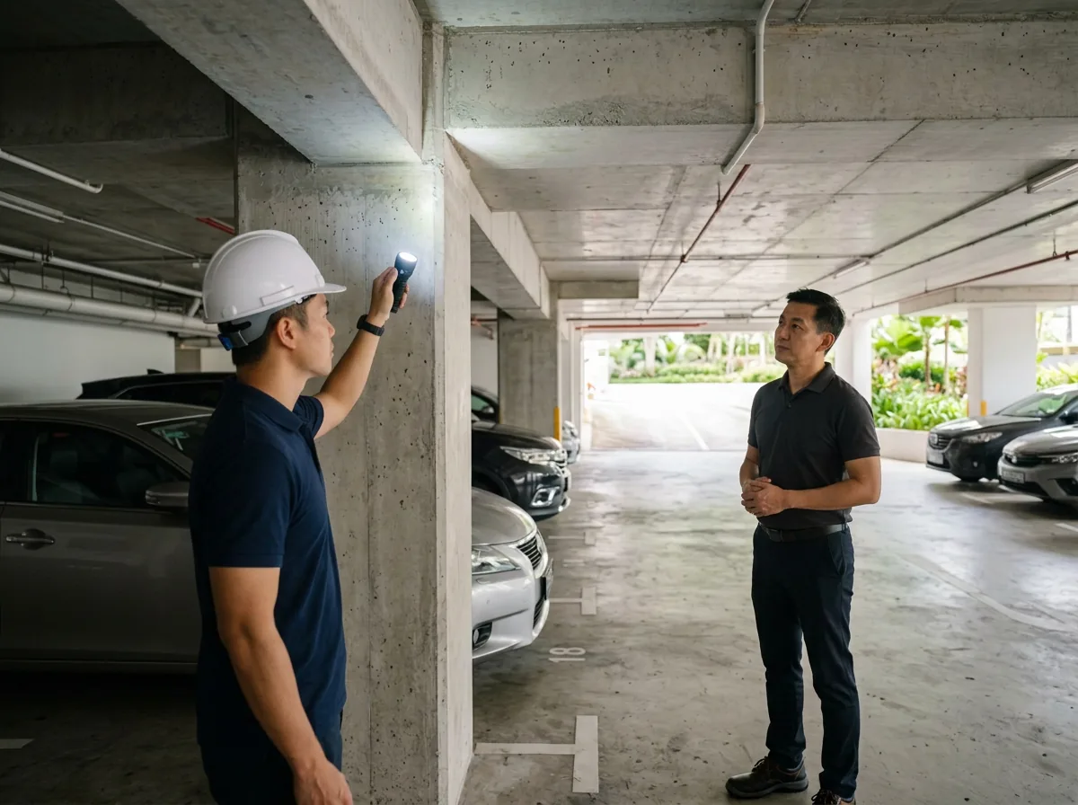 Inspector shining a torch on a concrete column in a condominium car park during a structural inspection