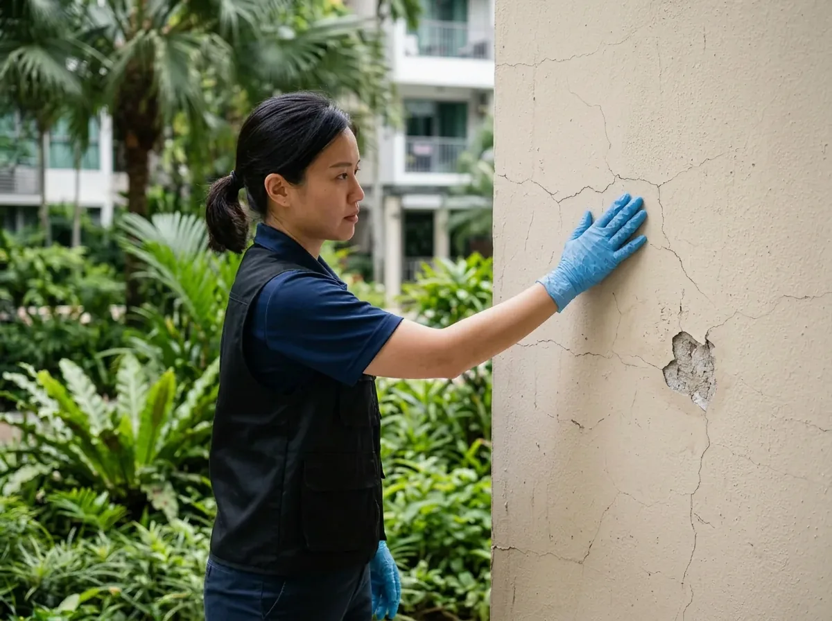 Inspector checking cracked and spalled render on a condominium wall