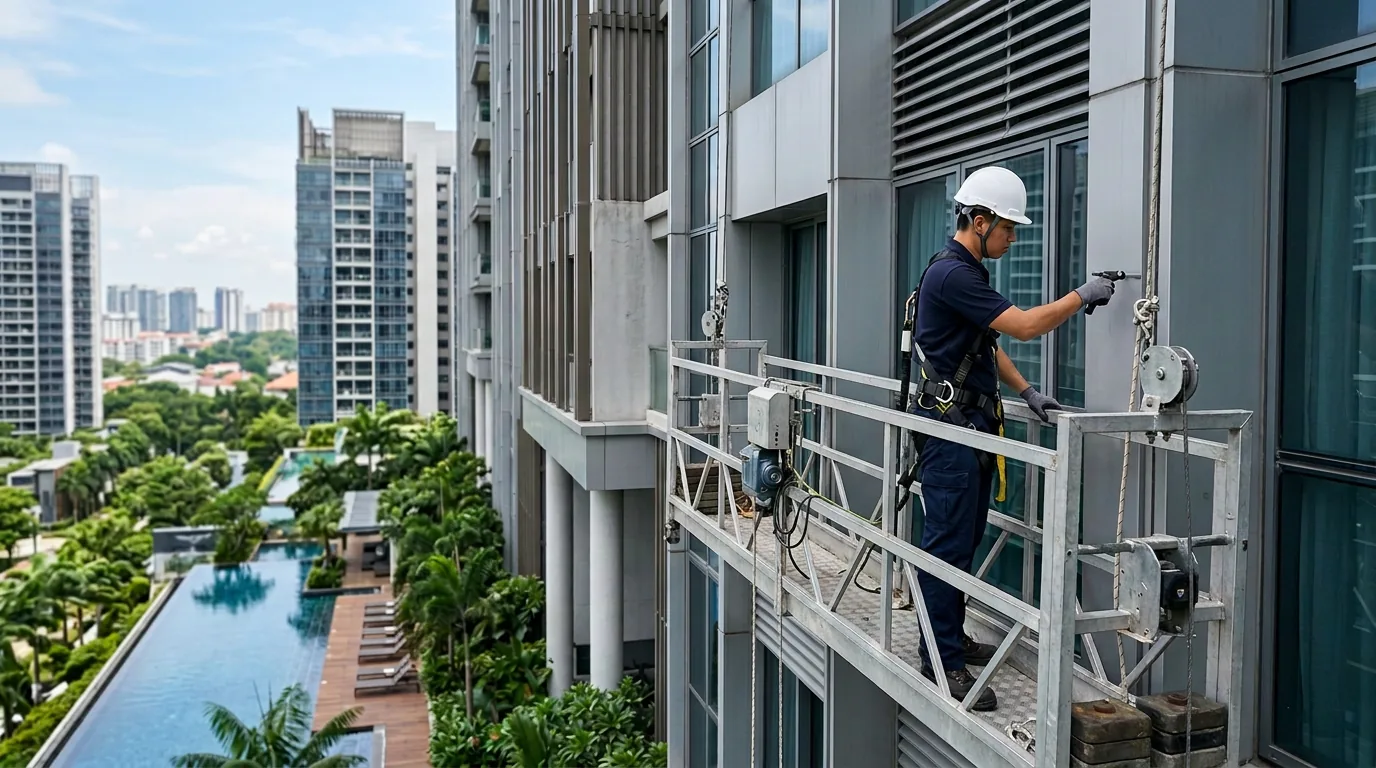 Facade inspector on a gondola examining the external wall of a Singapore condominium